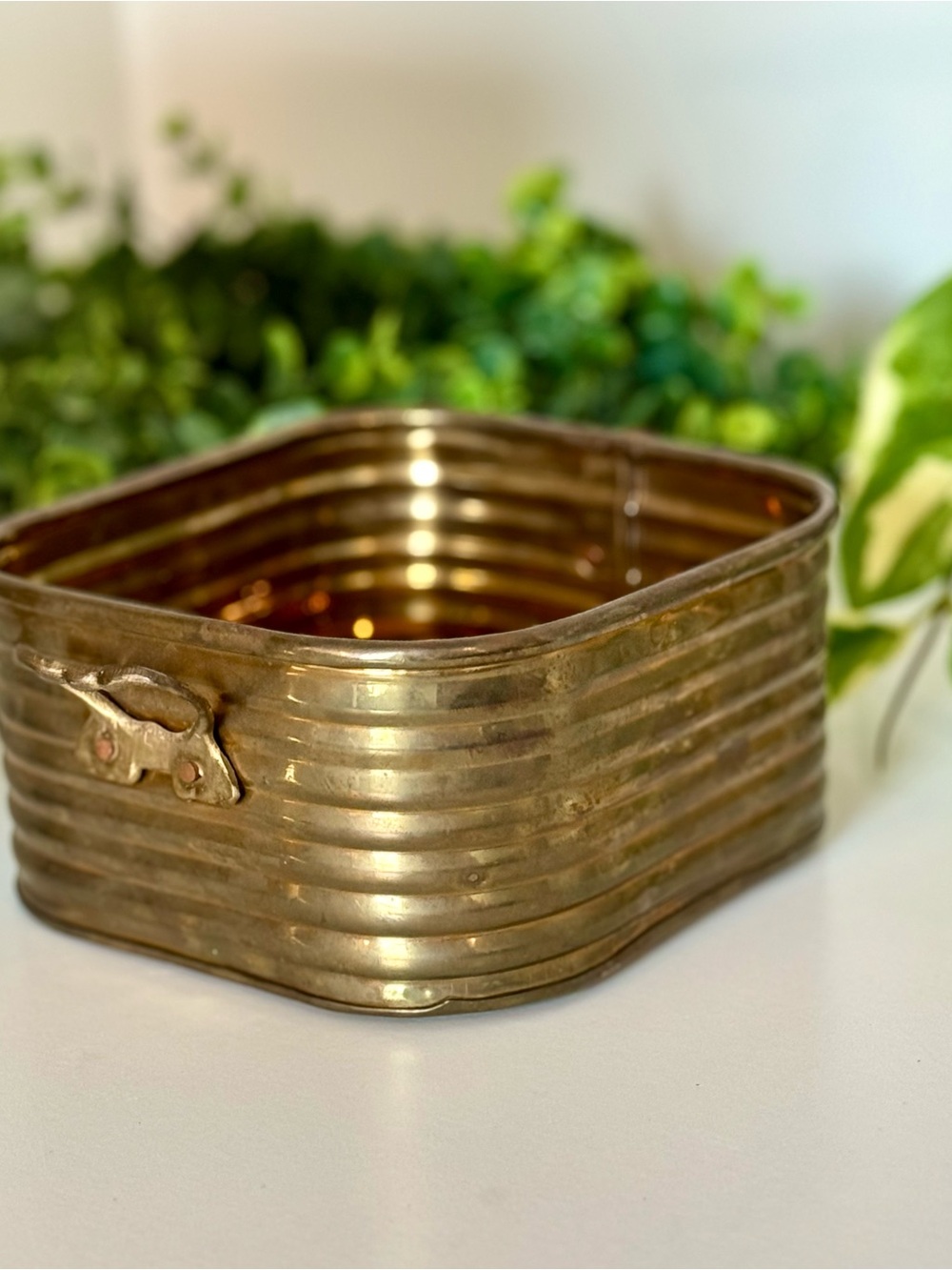 Small Brass Ridged Square Decorative Bowl